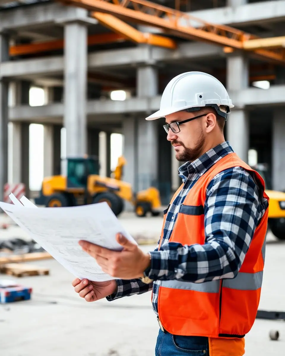 Engenheiro analisando projetos em canteiro de obras